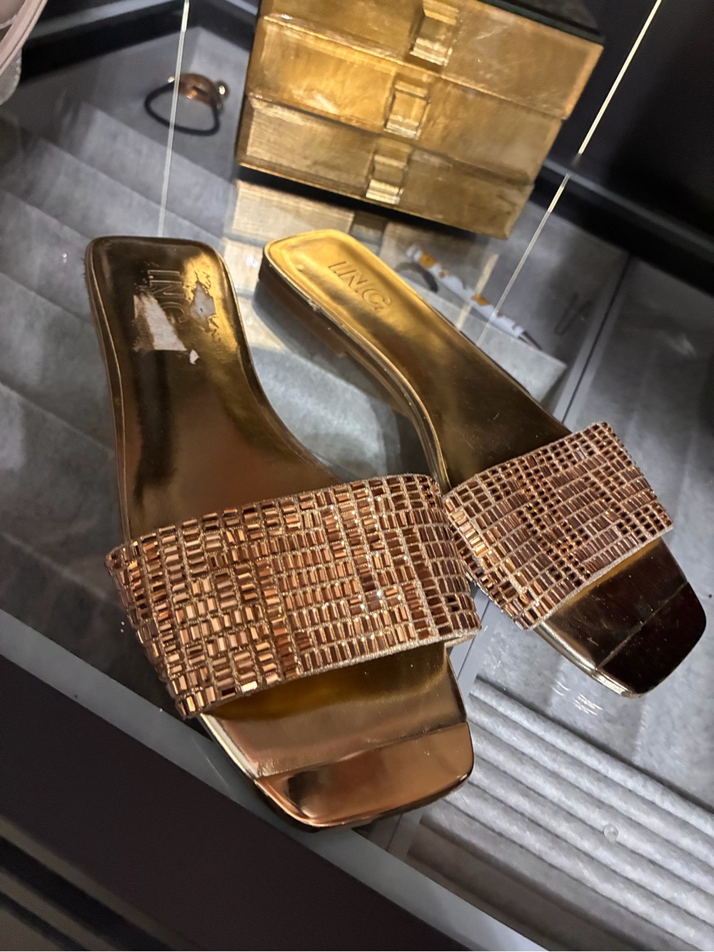 Womens Metallic Gold Slide Sandals